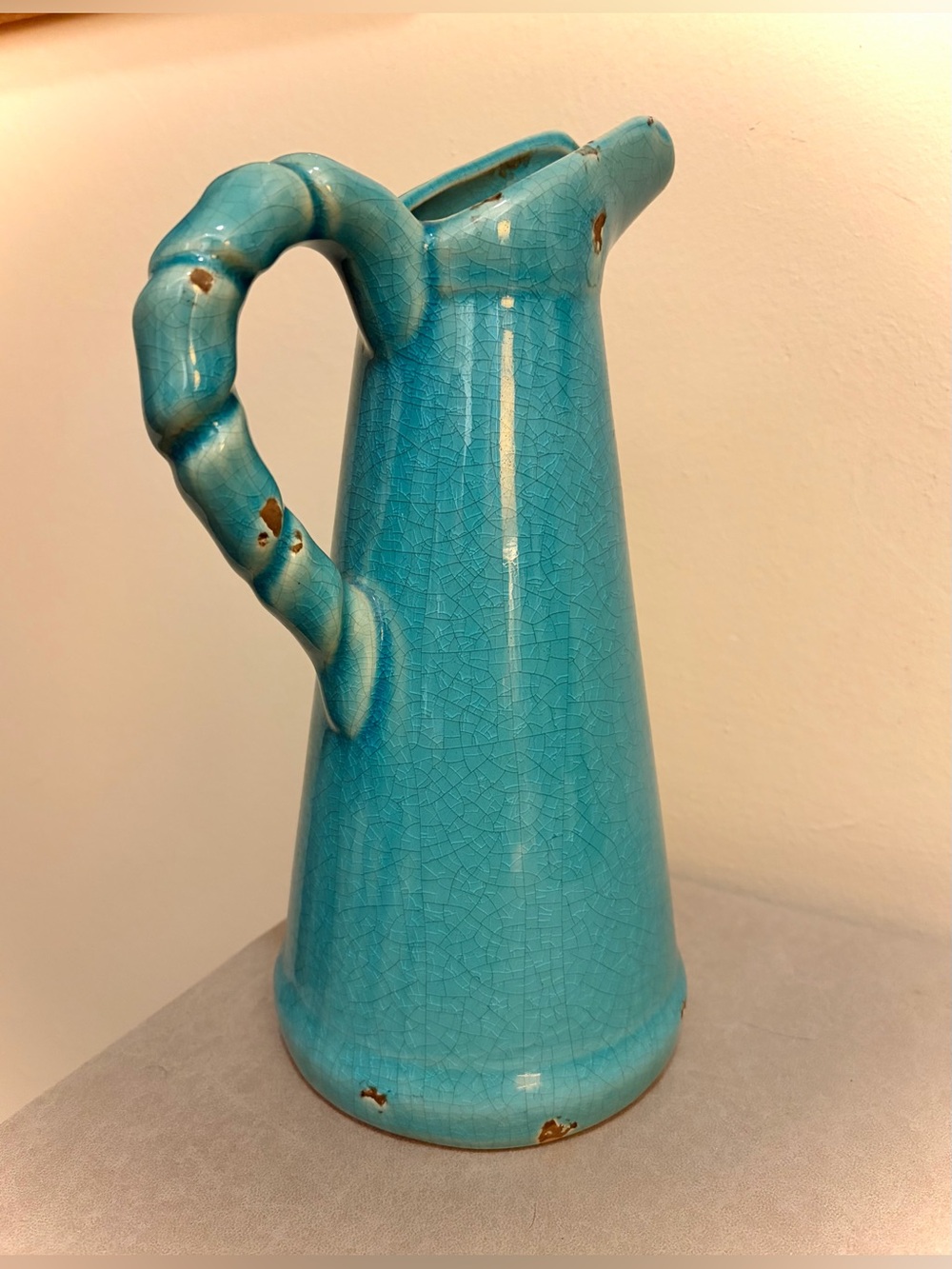 Rustic Farm House Turquoise Art Pottery Vase Pitcher Blue MCM Decor